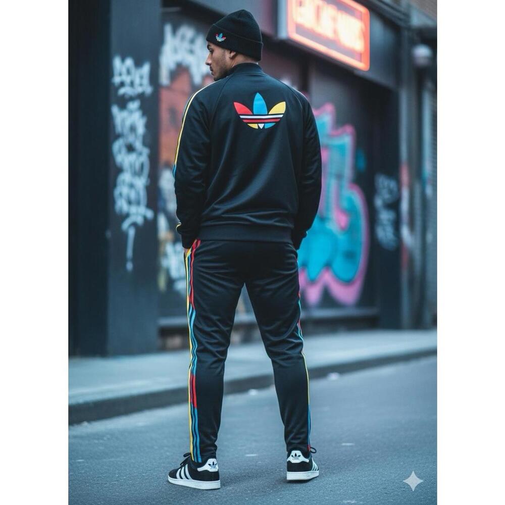 Vintage Y2K Adidas Originals Track Jacket - Multicolor Stripes & Large Trefoil M